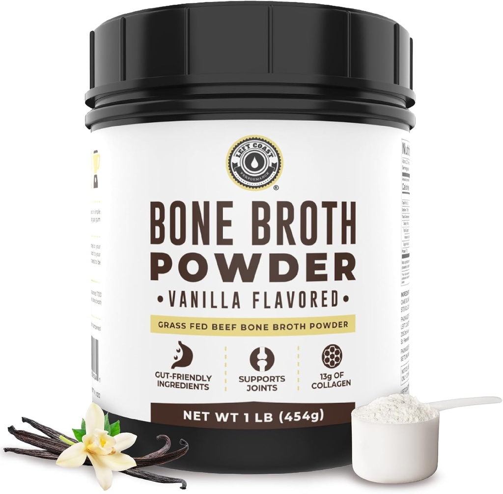 16oz Vanilla Bone Broth Protein Powder From Grass Fed Beef - Non-GMO Ingredients, Gut-Friendly, Low Carb Dairy Free Protein Powder - Natural Collagen Source For Joint Support - Keto Friendly