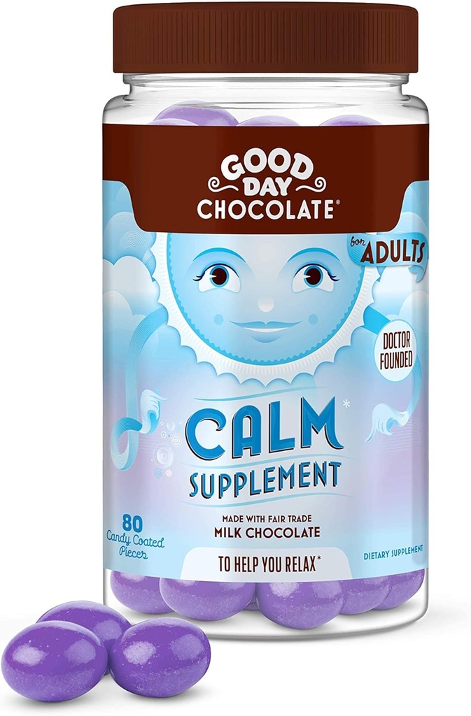 Good Day Chocolate Natural Calming Supplement for Adults, Blend of Camomile, Theanine, Magnesium, Fair Trade and Non-GMO Chocolate, 80 Pieces