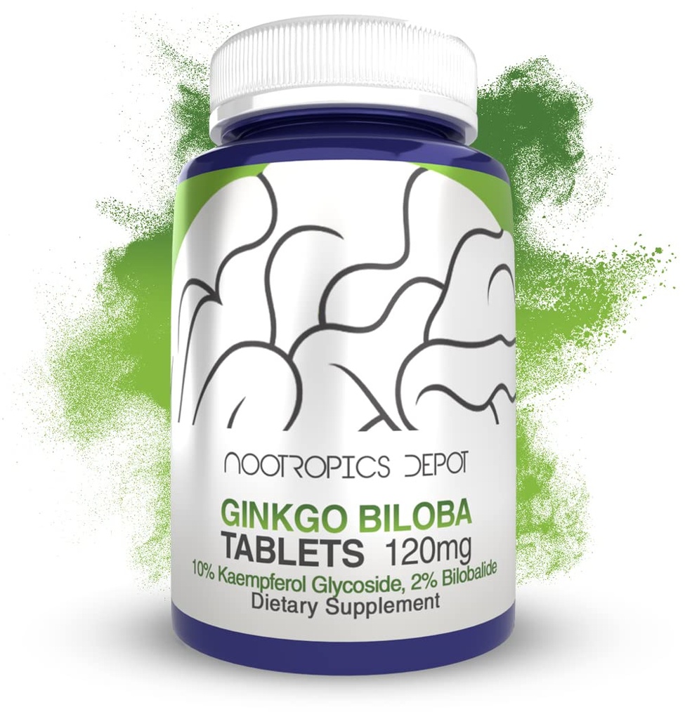 Nootropics Depot Ginkgo Biloba Extract錠 | 120mg | 90カウント | 最小10%のKaempferol Glycoside + 2% Bilobalide | 認知機能と心機能を促進することができます