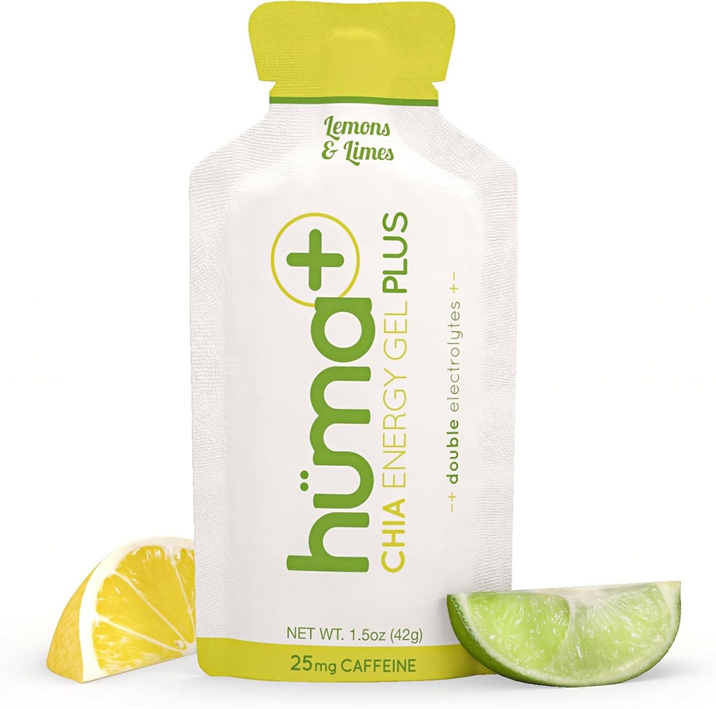 Huma Plus (Double Electrolytes) - Chia Energy Gel, Lemon Lime, 24 Gels, 25mg Caffeine - Stomach Friendly, Real Food Energy Gels