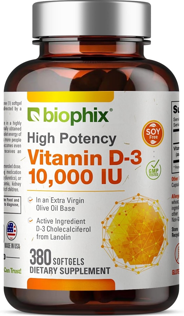 BiophixビタミンD-3 10000 IU 380 Softgels - 余分バージンオリーブオイル非GMO大豆フリーサポート強力な骨免疫健康の高周波