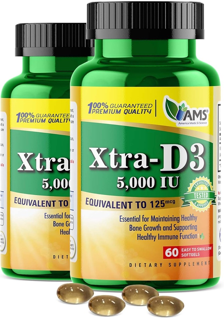 アメリカ 薬と科学 Xtra D3 ビタミン D 5,000 IU (125 mcg) 男性と女性のためのコレステロールサプリメント(120Easy to Swallow Softgels) 2パック|Bone、Heart Health、Immune System Support、Lung Functionに最適