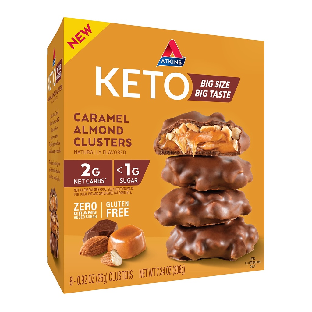 AtkinsのCaramelのアーモンドのクラスター、Glutenは繊維、1gの砂糖、2g純Carb、Ketoの友好的、8の計算で放します
