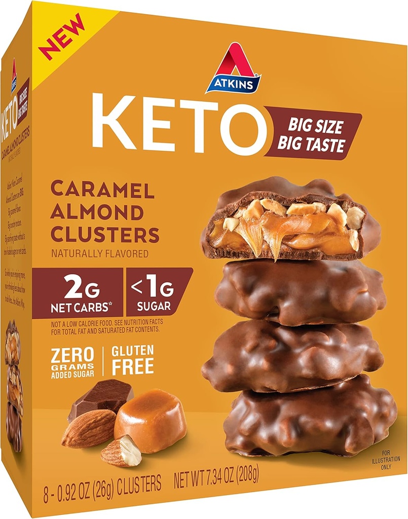 AtkinsのCaramelのアーモンドのクラスター、Glutenは繊維、1gの砂糖、2g純Carb、Ketoの友好的、8の計算で放します