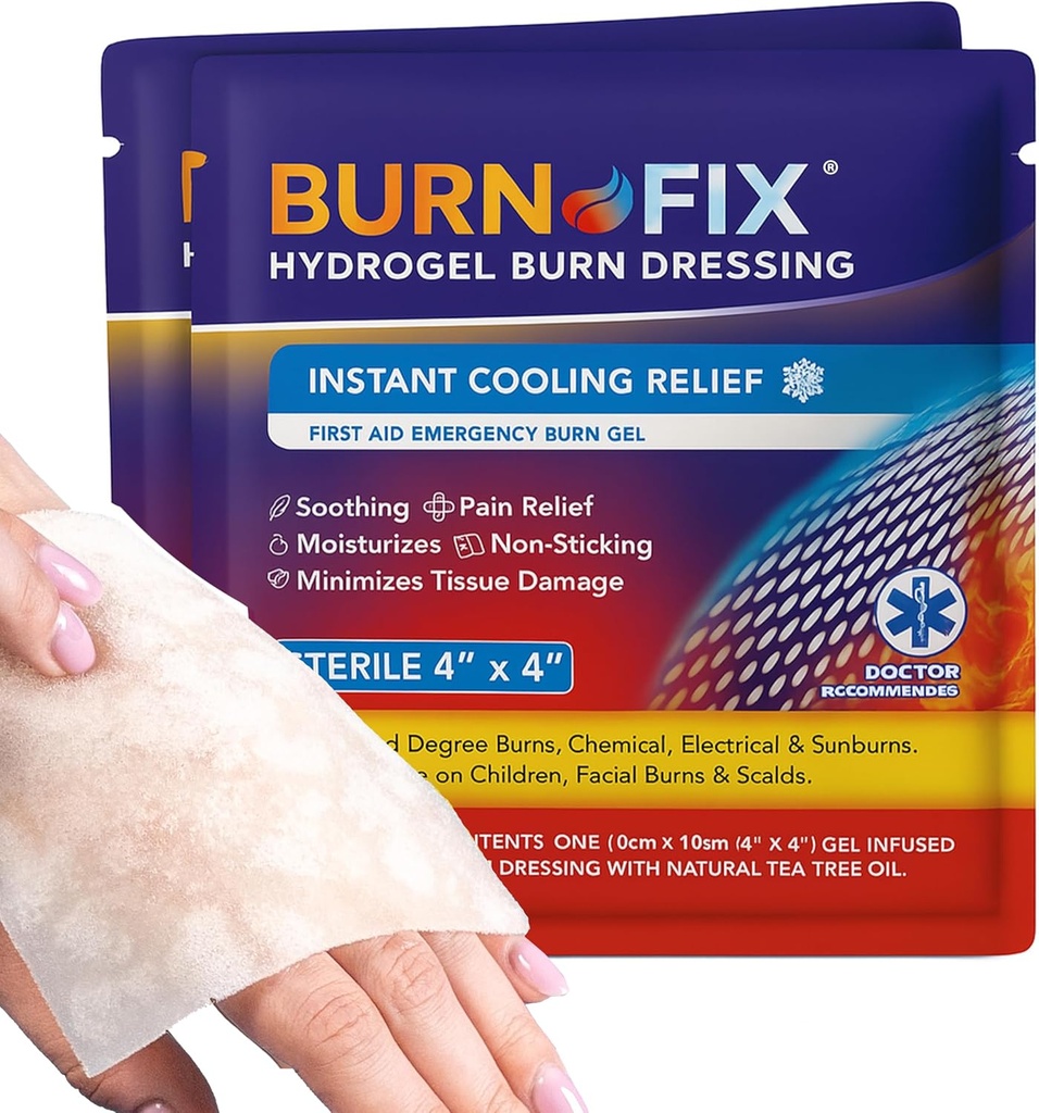 BurnFix® Burn Gel Pads 4x4 Hydrogel Dressing - Heat SinkTM テクノロジー - ティーツリーオイルで安定 - Sunburn、キッチン、化学バーンのインスタント冷却 - 非Stick First Aid、フェイス&キッズの安全 (2)