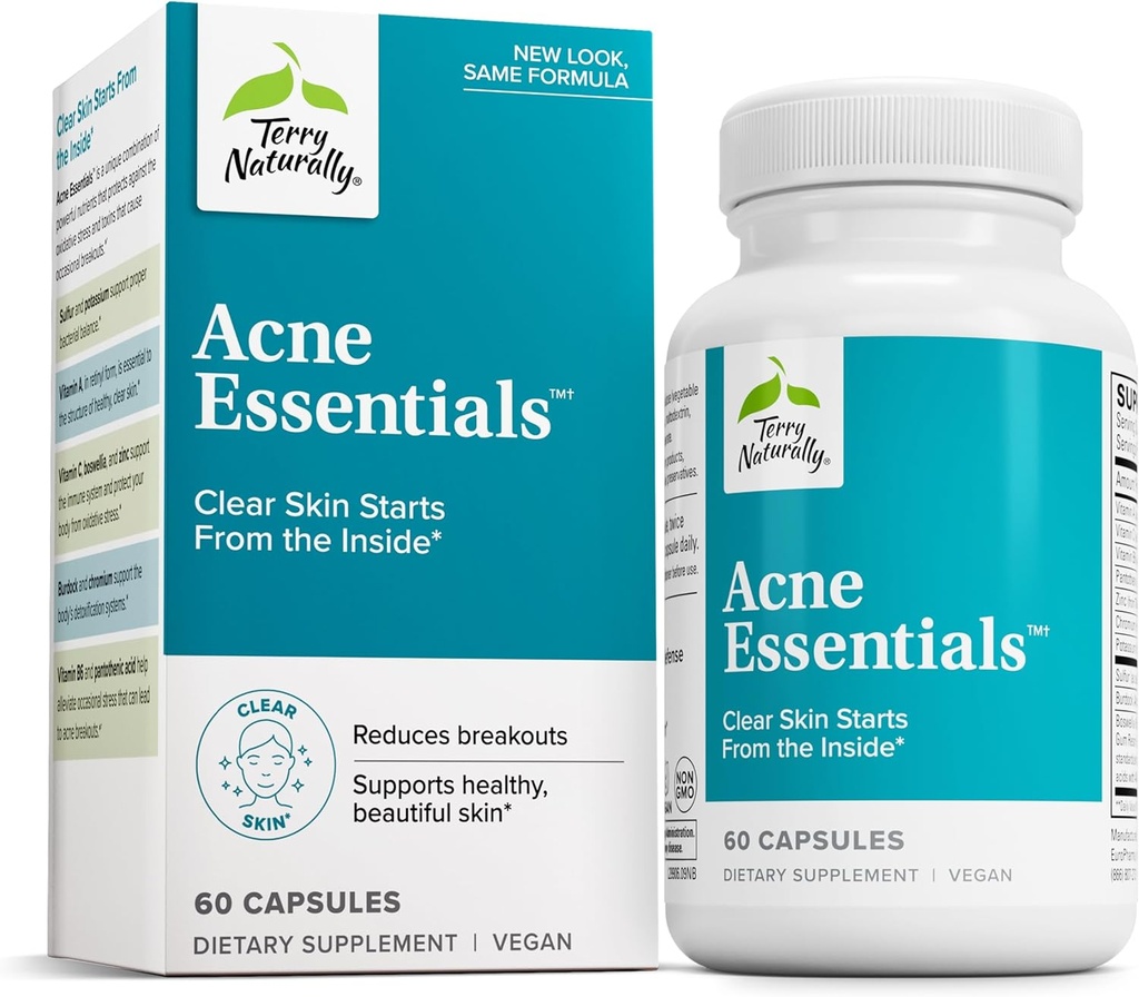Terry Naturally Acne Essentials - Skin Support for Clear Skin - Supplement with Vitamins A, C & Zinc - Skincare Supplement for Occasional Acne - 60 Capsules (60 Servings)