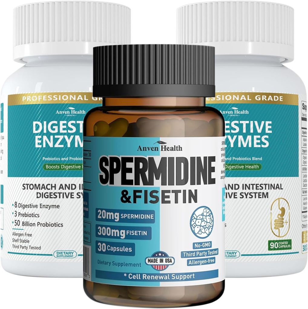 Spermidine及びFisetinの長寿束:20mgのSpermidine + Gutの健康のための300mgのFisetin +の消化器系酵素–老化の防衛、細胞の更新および人及び女性のための消化管救助