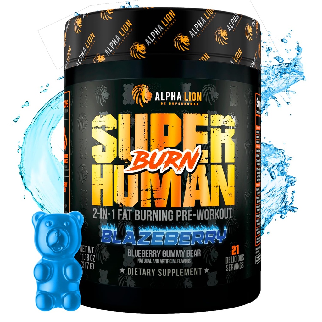 ALPHA LION Superhuman Burn – 1 代謝ブースタープレワークアウトと男性のためのサーモニック脂肪バーナー – 食欲抑制剤と減量サプリメント (21 サービング, Blue Gummy Bear Flavor)