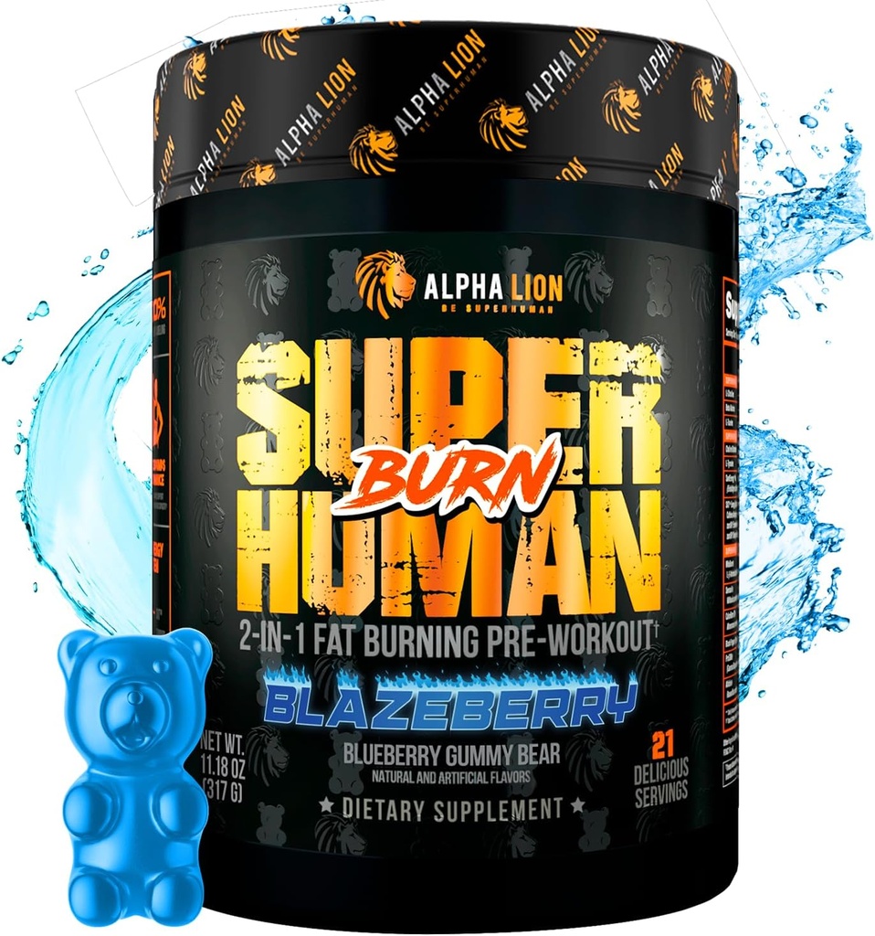 ALPHA LION Superhuman Burn – 1 代謝ブースタープレワークアウトと男性のためのサーモニック脂肪バーナー – 食欲抑制剤と減量サプリメント (21 サービング, Blue Gummy Bear Flavor)