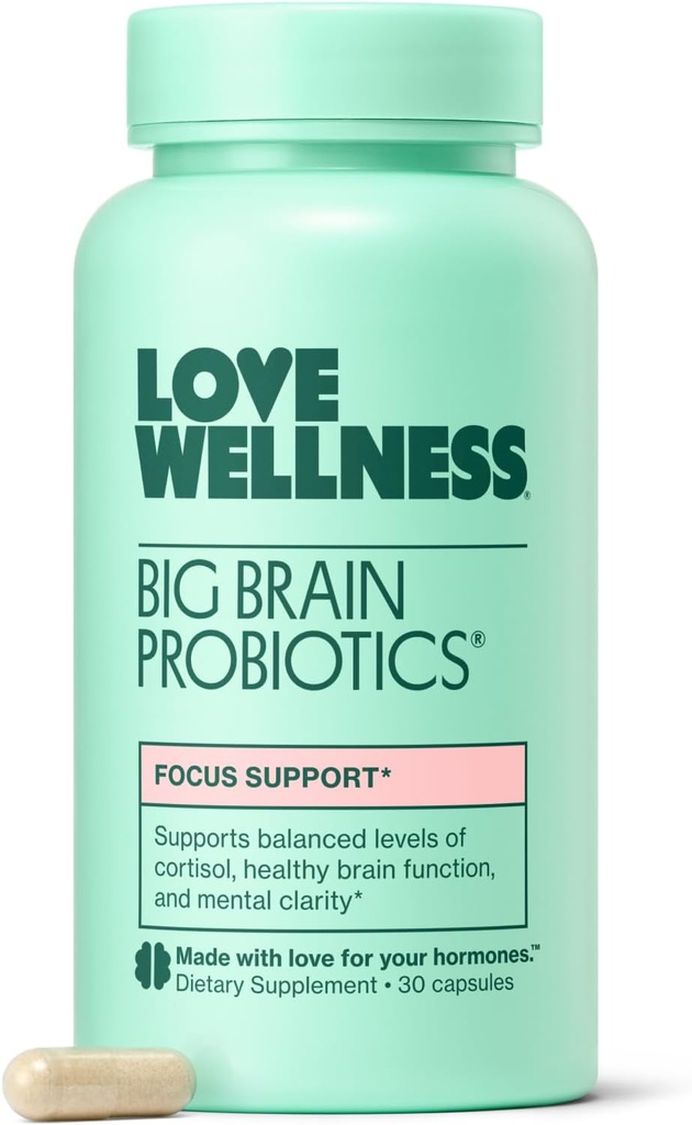 Love Wellness Big Brain Probiotics | Nootropics Brain Support Supplement | Brain Supplements for Memory and Focus | Promotes Mental Clarity & Mood | Organic Reishi, Chaga, & Lions Mane | 30 Count