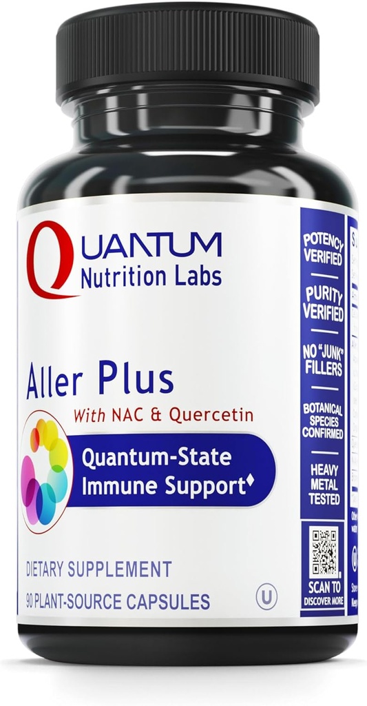 Quantum Nutrition Labs Aller Plus - NAC / N-Acetyl Cysteineと肺の健康サプリメント、Bromelain、Reishiキノコ&ケルセチン、免疫サポートフォーミュラ - 90ベジタリアンカプセル