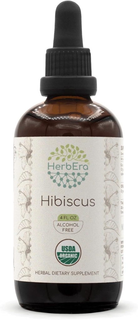 HerbEra Hibiscus B120 USDA Organic Tincture | アルコールフリーエキス、高効力ハーブドロップ | 認定有機ハイビスカス サバイダリファ ドライフラワー (4oz)