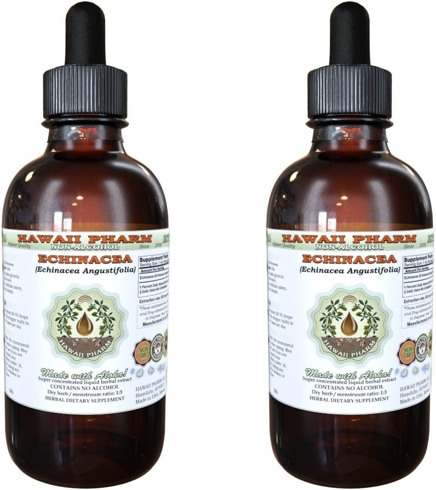 Echinacea Alcohol-Free Liquid Extract, Echinacea (Echinacea Angustifolia) Dried Root Glycerite Hawaii Pharm Natural Herbal Supplement 2x4 oz