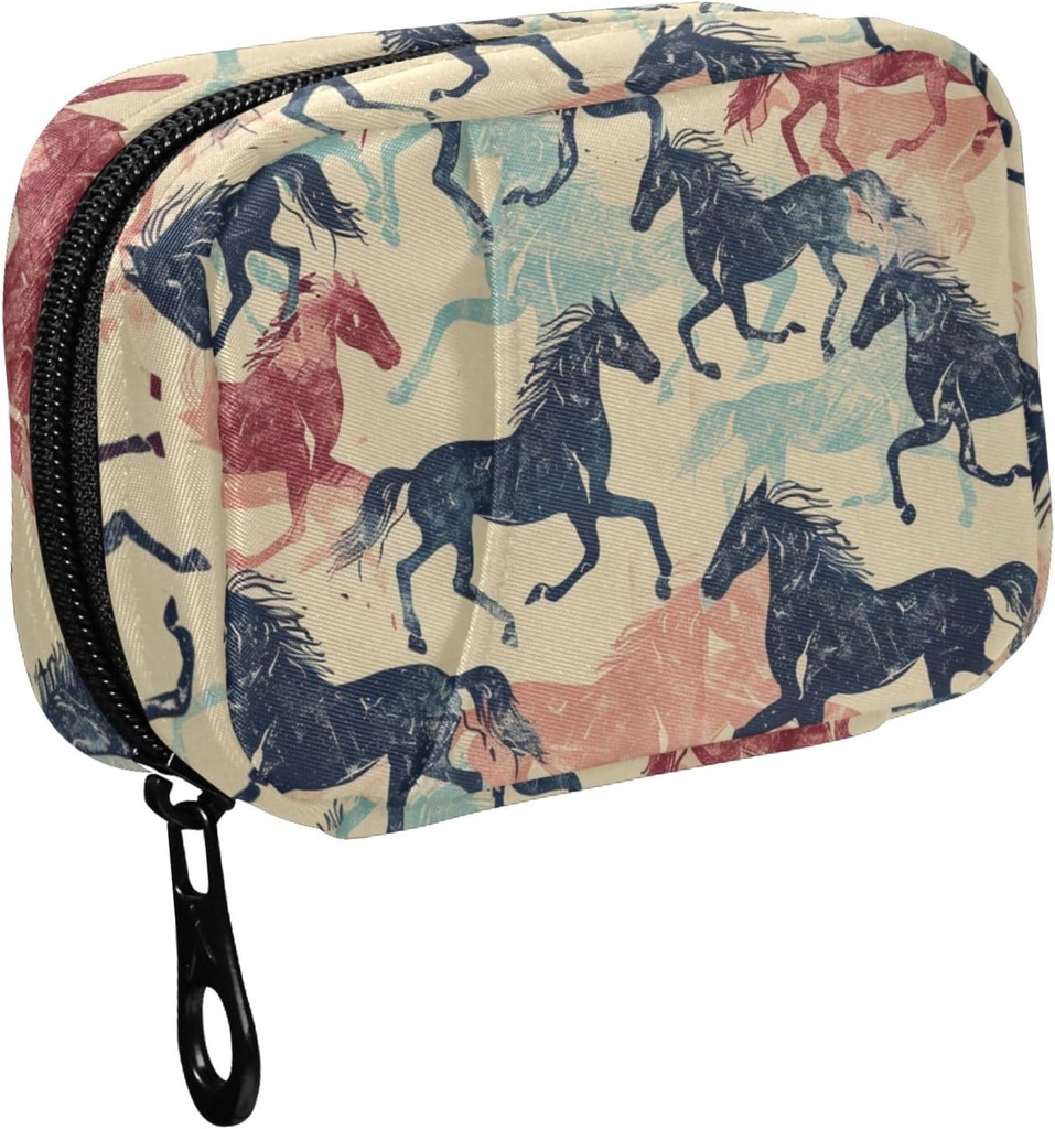 Fustylead Retro Colorful Running Horse Silhouette Pill Organizer for Purse, Weekly Portable Pill Box with Zipper to Storage Vitamins Fish Oils Medications Supplements