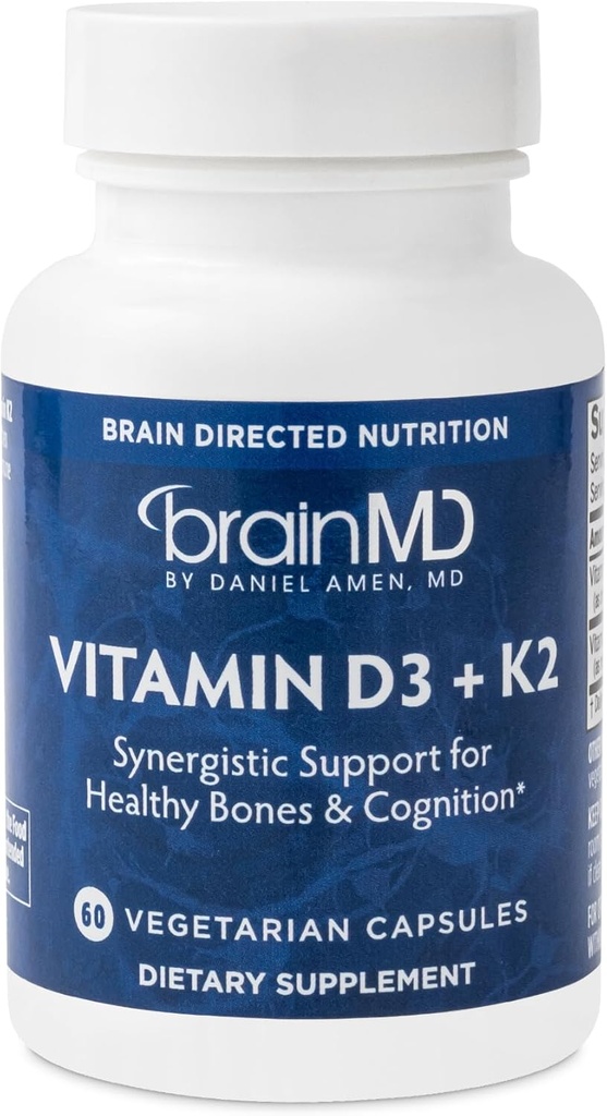 BRAINMD Vitamin D3 + K2-60 Capsules - Synergistic Support for Healthy Bones & Cognition - Gluten Free - 60 Servings