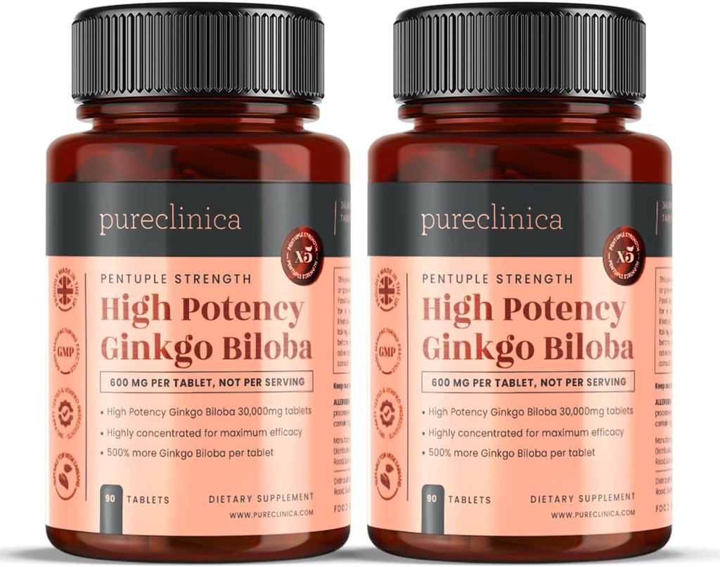 Pureclinicaの高い効力のGinkgoのBiloba 30,000mg x 180のタブレット(2本のびんの90) - 6か月の供給-コンピター プロダクトの強さ5回