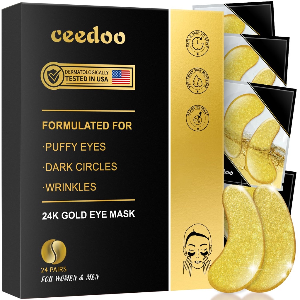 Under Eye Patches - 24 Pairs Gold Under Eye Mask for Puffy Eyes, Dark Circles, Eye Bags, Wrinkles, Collagen Eye Gels with Rejuvenating Treatment, Gifts for Women