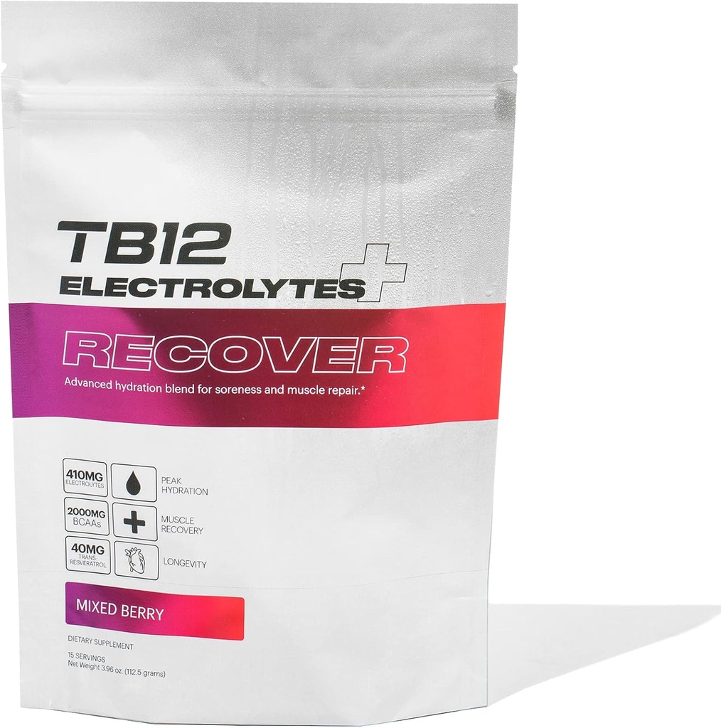 TB12 Electrolytes Plus Recover - Post-Workout Electrolytes Powder with Functional Recovery Ingredients | Tart Cherry, L-Glutamine, BCAA | Muscle Recovery & Soreness Relief | Sugar Free, Non-GMO