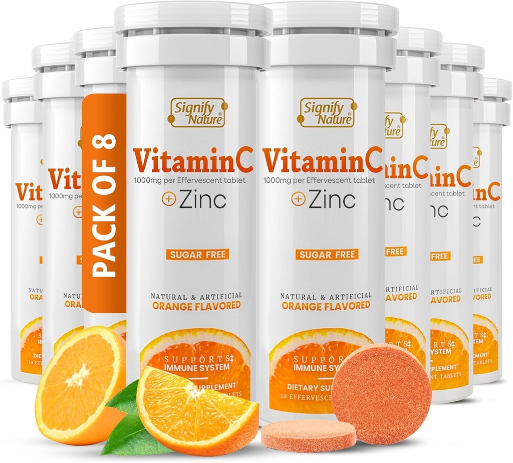 SIGNIFY NATUREビタミンC 1000mg Effervescent錠 - 亜鉛サプリメントと強力な免疫サポートVIT C - 砂糖フリー&ビーガンフォーミュラ  解体可能なビタミンC錠 - 水溶性のFizzy Elixir - 80CT