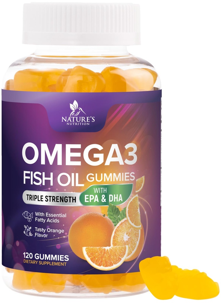 Omega 3 魚油グミー - 3X 強度心の健康サポート - 高吸収オメガ 3 魚油グミのサプリメント DHA & EPA - 共同 & 大人のための脳サポート - おいしいオレンジ風味 - 120 ガミー