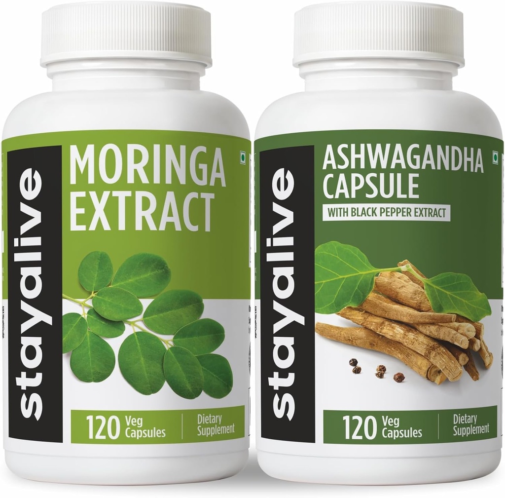 ALIVE MoringaとAshwagandhaバンドルw /ブラックペッパーエキス、240ビーガンパイル、非GMO&グルテンフリーアシュワガンダモリンガサプリメント2パック