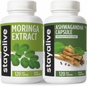 ALIVE MoringaとAshwagandhaバンドルw /ブラックペッパーエキス、240ビーガンパイル、非GMO&グルテンフリーアシュワガンダモリンガサプリメント2パック