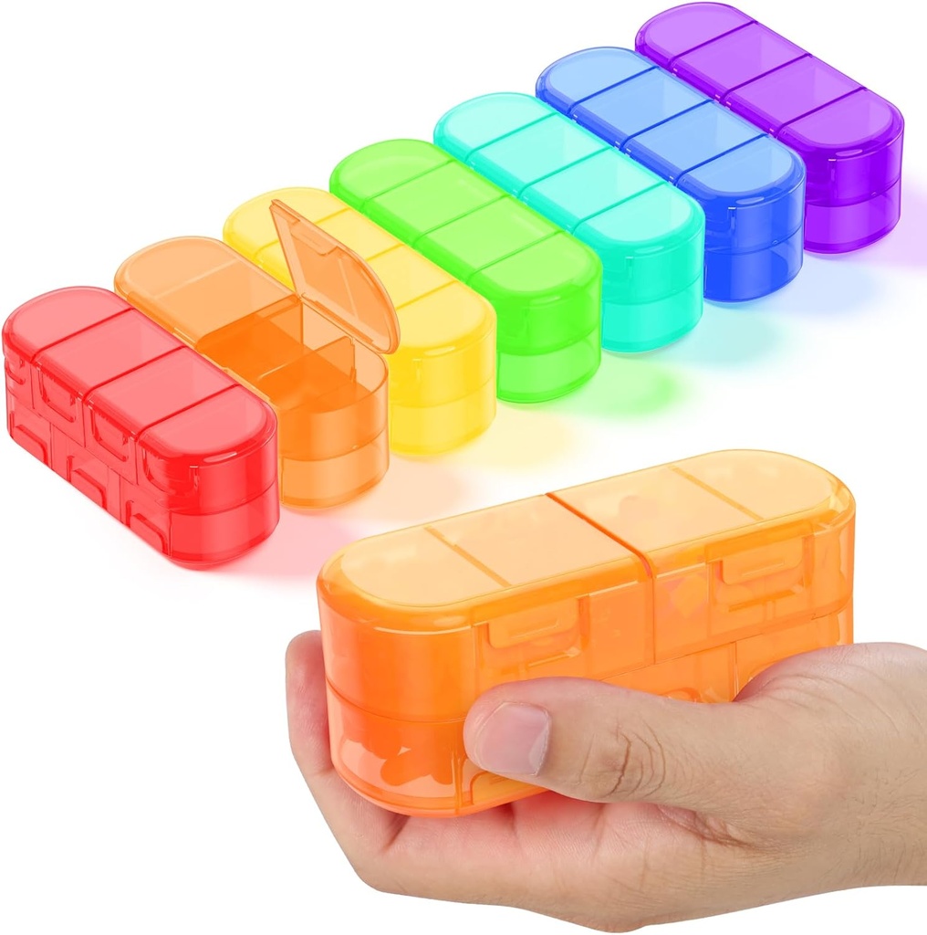 Family Pack Weekly (7 Days) Travel Pill Organizer, 2/3/4 Times a Day, Double-Sided Opening Design, Portable Pill Box for Storing Medication/Vitamins/Fish Oils (7 Rainbow Variable Grids)
