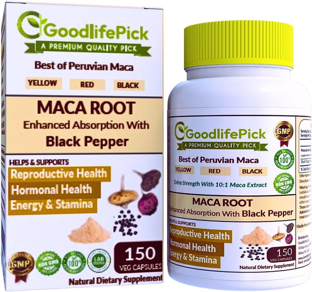 Peruvian Maca Root Capsules 150 ct. Powerful Maca Blend of Yellow Red & Black Maca Root with Black Pepper. All Natural NonGMO Vegan No Stearate No Rice Powder No Silica No Filler