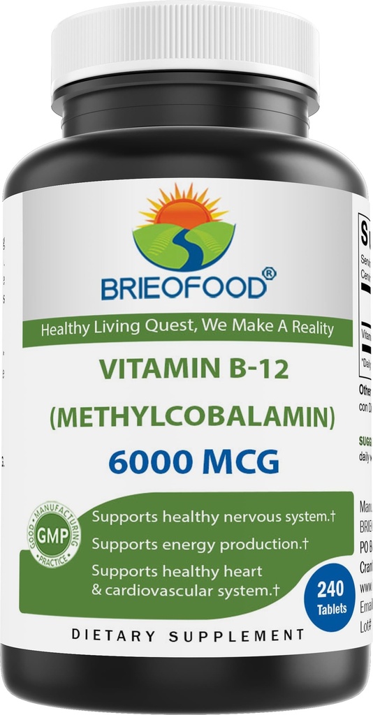 BrieofoodビタミンB-12(Methycoballamin)6000 mcg- 240錠。 非GMO、グルテンフリー