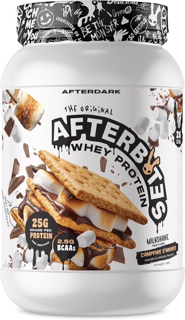 AFTERDARK AfterBites Whey Protein Powder, 25g Protein, 4.5g BCAA’s, Easy Dissolving, No 人工的な色やフィラー, Isolate Protein, USA Made, 26 サービング, Campfire Smores