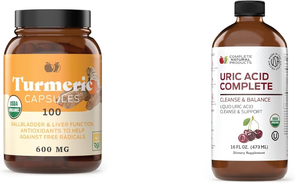 Complete Natural Products Turmeric 100 Capsules & Uric Acid Complete 16oz Bundle