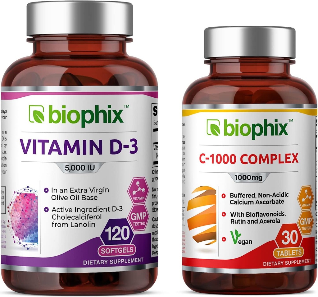 BiophixビタミンD-3 5000 IU 120 Softgels - 無料のビタミンC-1000 30錠 - 余分バージンオリーブオイル非GMO大豆フリーサポート強力な骨免疫健康の高周波