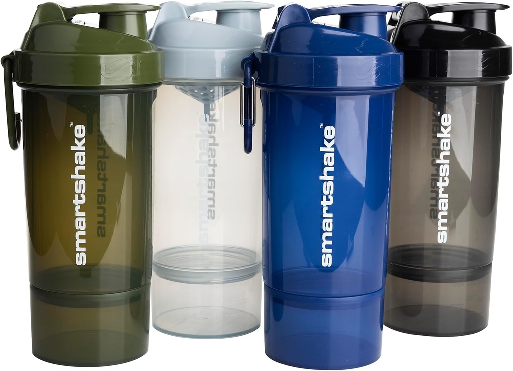 Smartshake O2GO ONE 4パックプロテインシェーカーボトル 800 ml | 27 oz - ストレージに含まれています - Leakproof Screw-on Lid - BPA 無料 - Unisex - ミストグレー、軍グリーン、黒、海軍ブルー