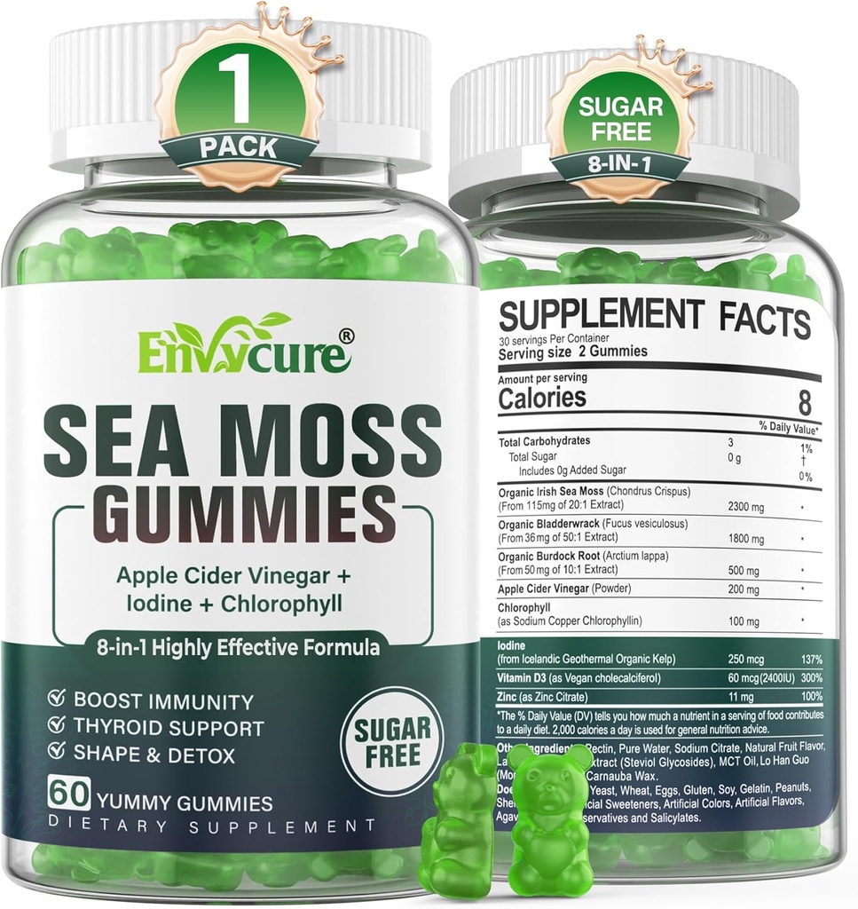 1Pack Sea Moss Gummies Sugar-Free, Extra Strength Irish Moss Gel Supplement with Iodine, Chlorophyll, Unfiltered ACV, D3, Burdock Root, Bladderwrack for Immune, Digestive, Skin, Hair, Det❤️x, Vegan