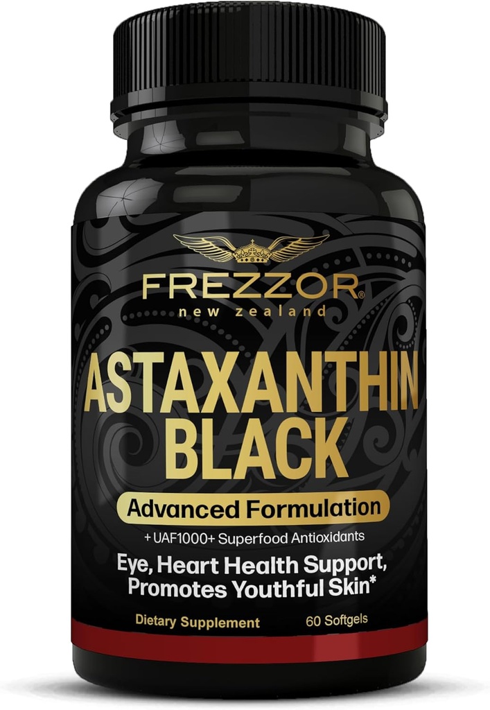 FREZZOR Astaxanthin Black 12mg | Anti-Aging Beauty Supplement Antioxidant | Exercise Recovery for Skin, Eye, Nerve, Muscle | Cardiovascular and Immune Support | 60 Softgels