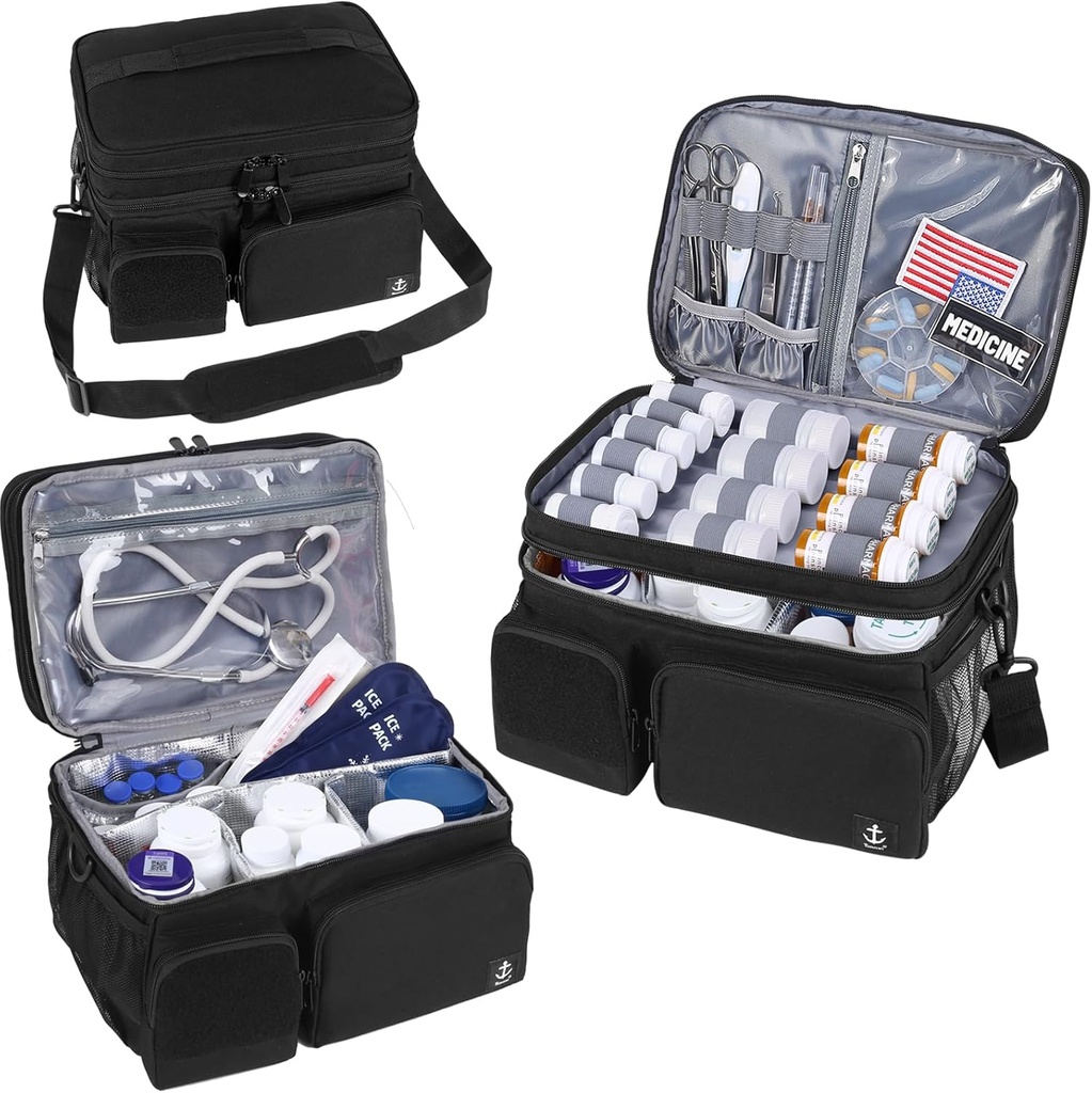 絶縁されたコンパートメントの丸薬のびんのオルガナイザーが付いている二重層の薬袋ロックできるジッパーが付いている旅行薬のオルガナイザー、丸薬のびんのための柔らかい肩の革紐、医学の供給
