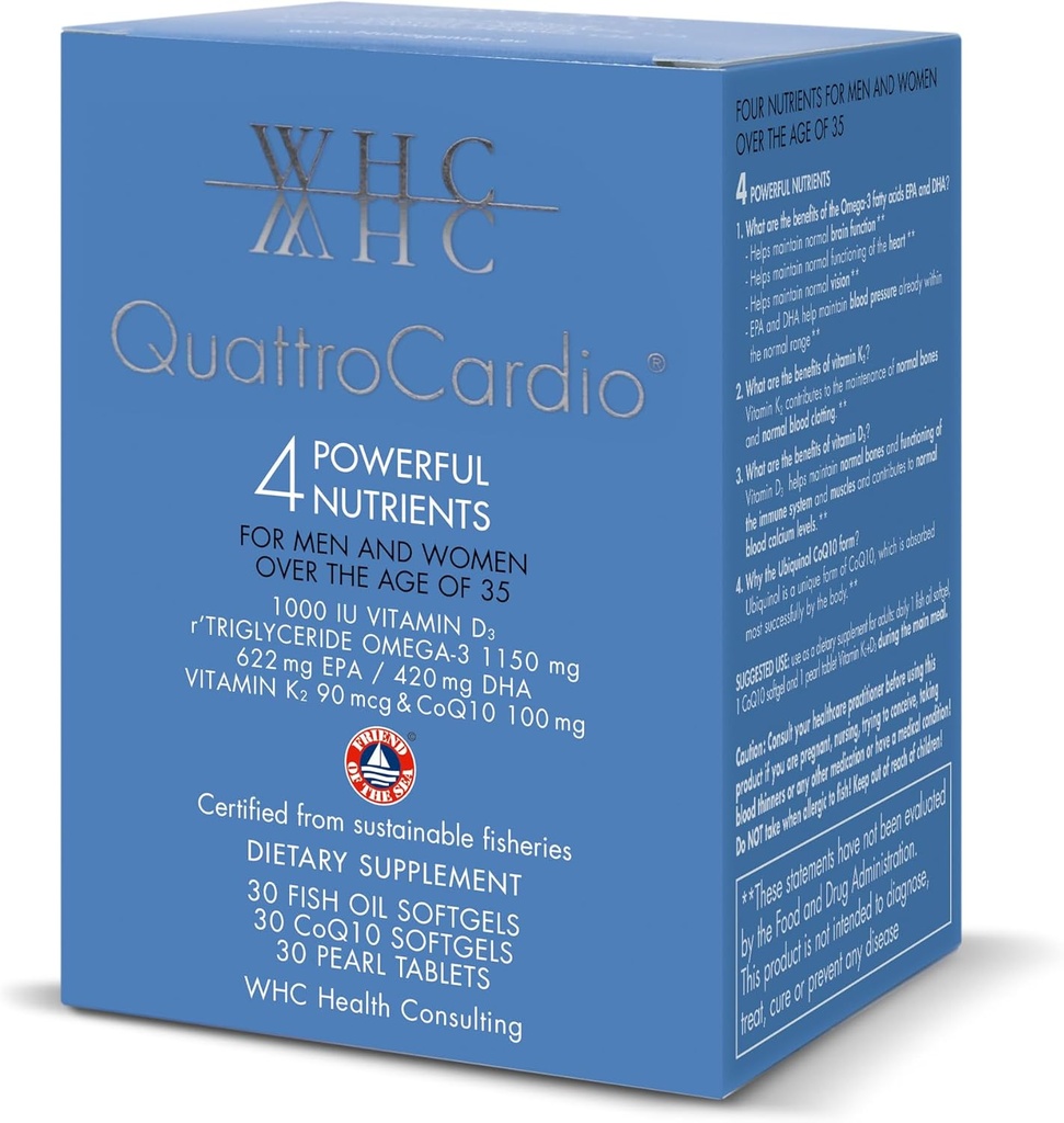 WHC QuattroCardio Omega-3 1200のmg、ビタミンD3 1000 IU、EPA 600のmg、DHA 495のmg、ビタミンK2 90のmcg、CoQ10 100のmg、自然なオレンジ、30の魚油のSoftgels、30のCoQ10 Softgels及び30の真珠のタブレットのビタミンK2+D3