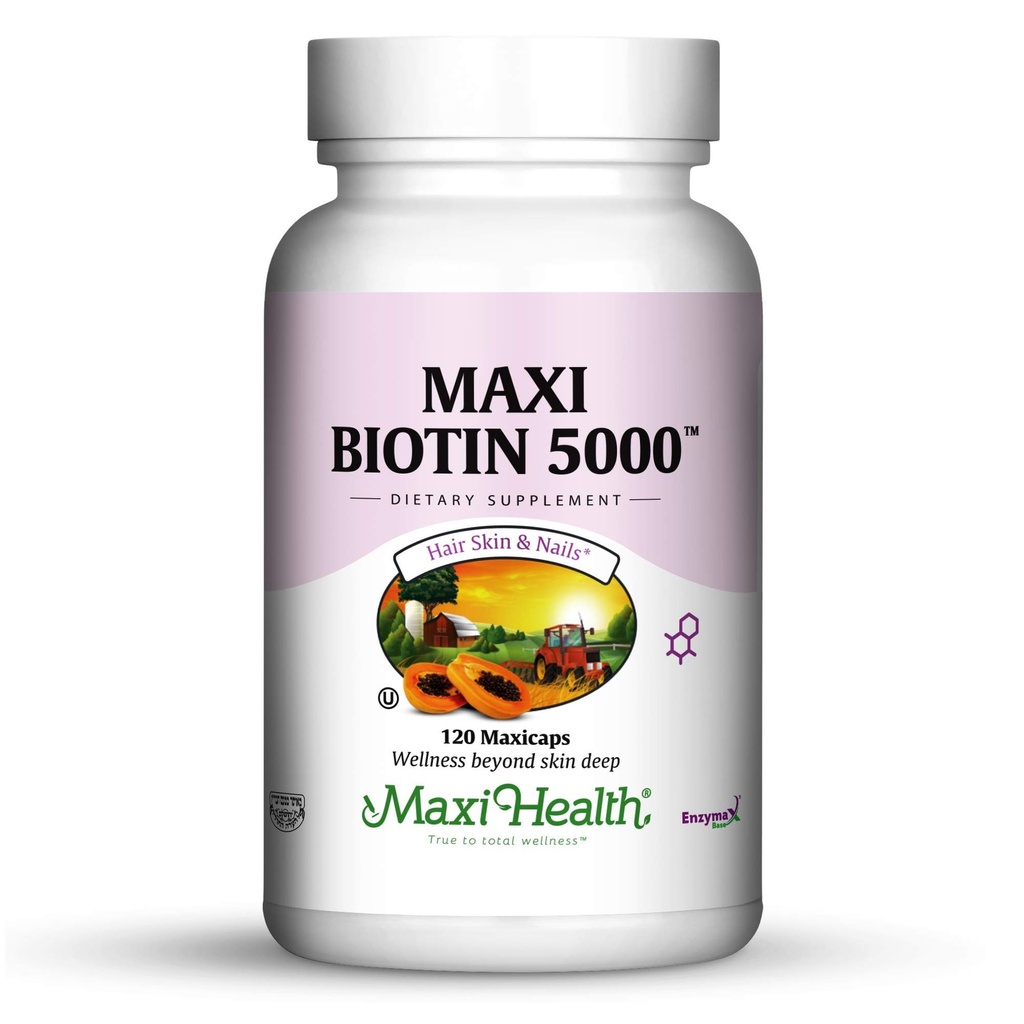 マキシ健康ビオチン5000 mcg - 女性と男性のための髪の皮膚と爪のビタミン - 毛の成長のための高い効力のビタミンB7サプリメント、強力な爪と健康な肌 - コーシャ、医師の処方 - 120カプセル