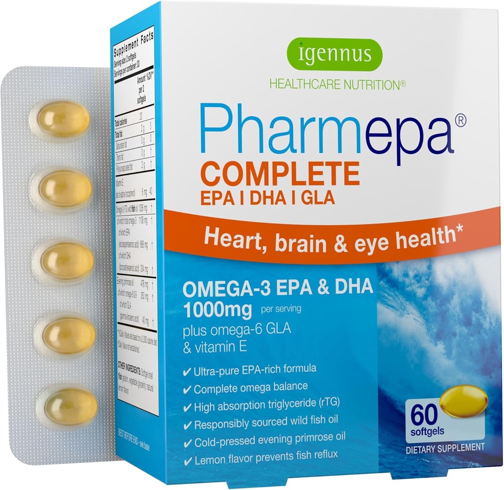 IgennusのPharmepaの完全なEPA 668mg及びDHA 334mg Omega-3の脂肪酸1000mgのIFOSの証明される、rTGの形態、GLAの夕方のPrimroseオイル、レモン味、60のSoftgelsからのOmega-6及び9の高い効力の魚油