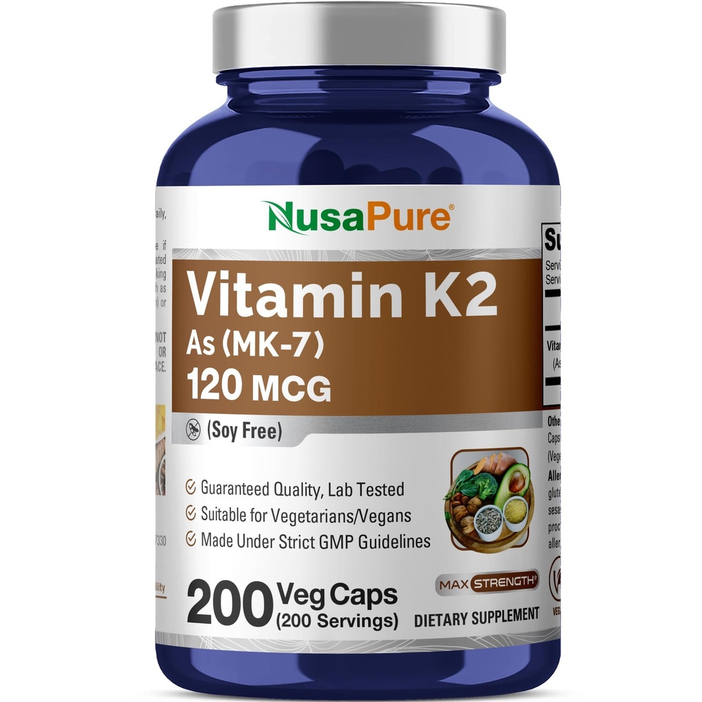 NusaPureビタミンK2 MK7 120 mcg 200 Veggieキャップ(大豆フリー、非GMO、ビーガン)