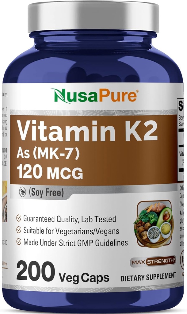 NusaPureビタミンK2 MK7 120 mcg 200 Veggieキャップ(大豆フリー、非GMO、ビーガン)