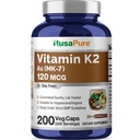 NusaPureビタミンK2 MK7 120 mcg 200 Veggieキャップ(大豆フリー、非GMO、ビーガン)