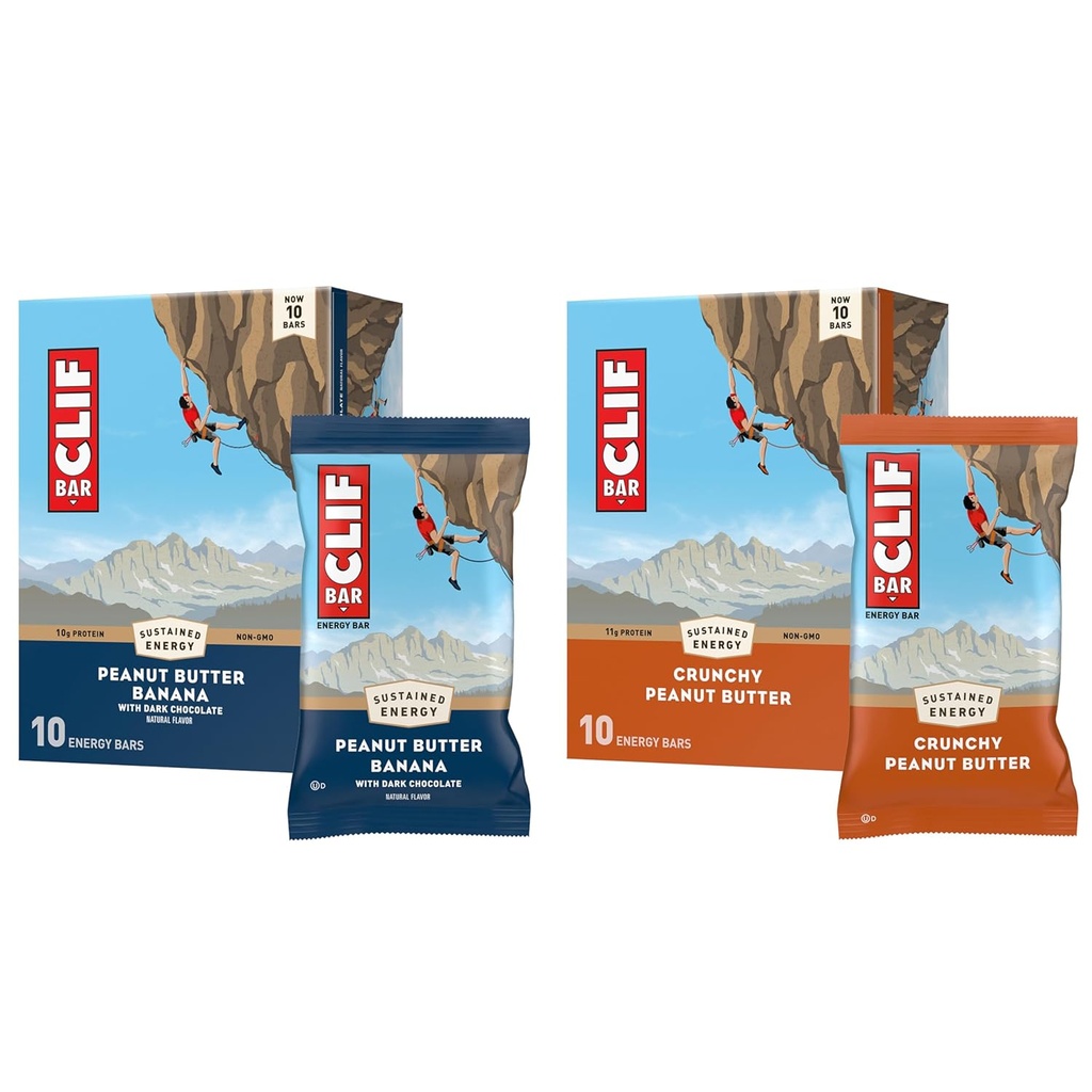 CLIF BAR - Energy Protein Bars - Crunchy Peanut Butter and Peanut Butter Banana with Dark Chocolate - Variety Pack - Made with Organic Oats - Energy Bars - Non-GMO - (20 Pack)