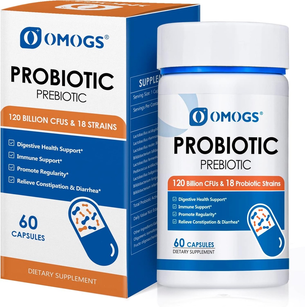 OMOGS Probiotics 120 Billion CFUs 18 Strains, 3 Prebiotics & Digestive Enzymes, Helps Digestive, Gut Health, Immune, Supports Occasional Constipation, Diarrhea & Gas - for Women & Men, 60 Capsules