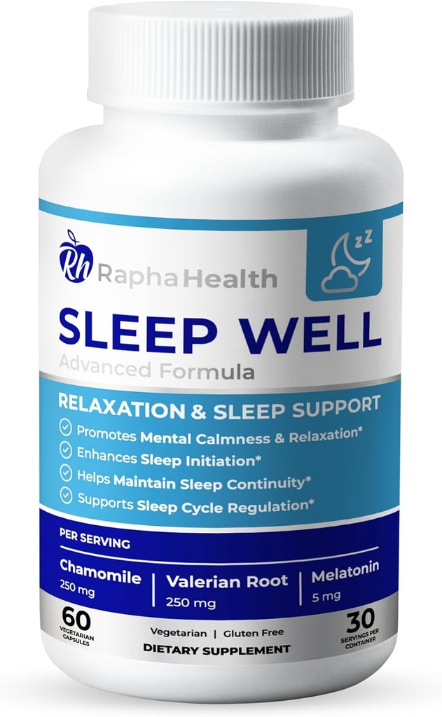 Sleep Well | Natural Sleep Aid with Magnesium Glycinate, Valerian Root, and Chamomile | Non-Habit Forming | 60 Capsules - 30 Nights of Restful Sleep