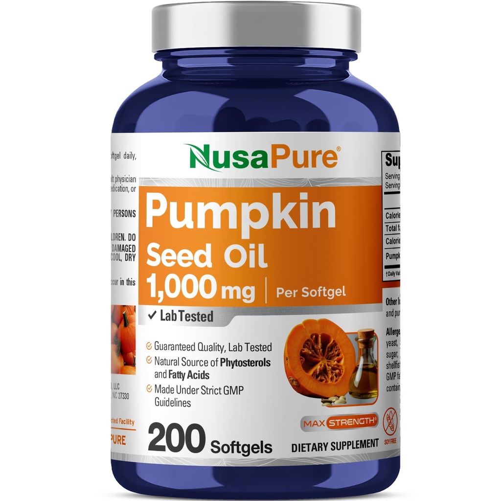 NusaPureのカボチャの種油1000mg 200 Softgelのカプセル(非GMO、無毒)自然にPhytosterolsを発生させます