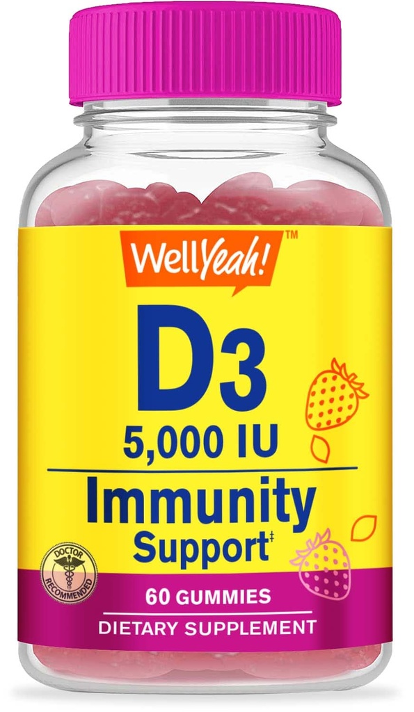 WellYeah ビタミン D3 5000 IU (125 mcg) 余分な Strenght Gummies -for 骨の健康、免疫ブースター、骨および歯サポート -Non GMO、グルテンフリーのナット、ベジタリアン - いちご味-60 Gummies