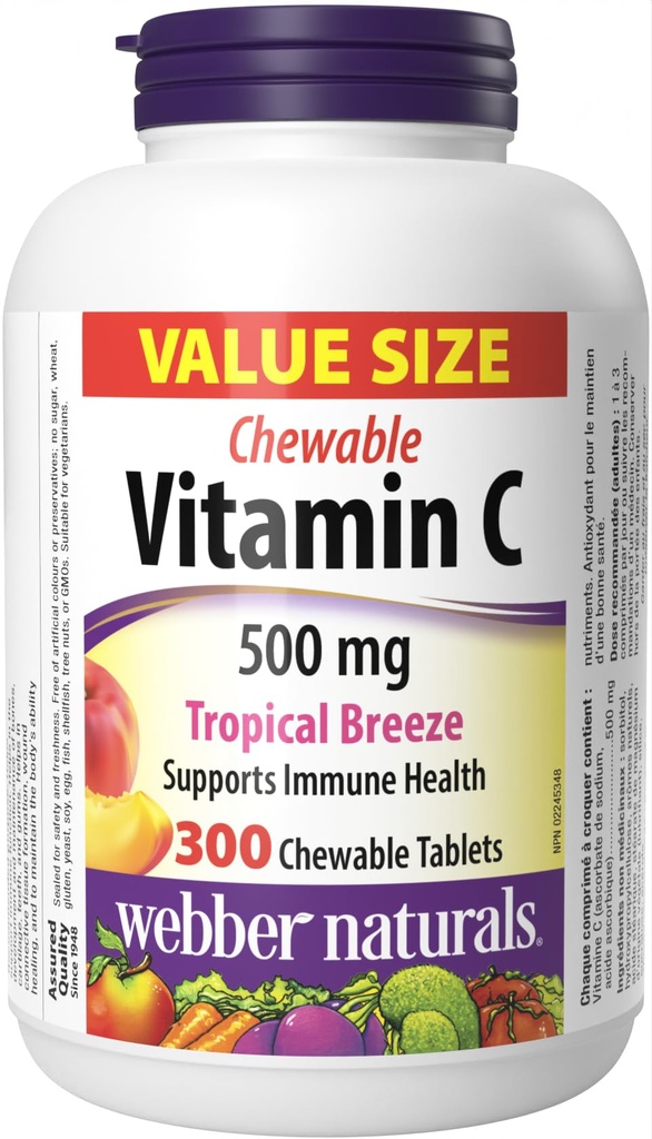 Webber NaturalsのビタミンC、300のChewableの熱帯ブリーズの味のタブレット、Bones、歯、免疫および酸化防止サポート、非GMO、酪農場及びグルテンフリーの500のmg