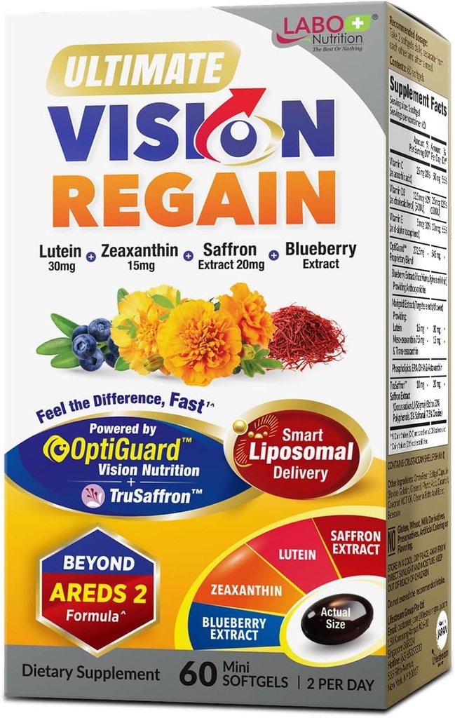 LABO栄養究極のVisionREGAIN、AREDS 2フォーミュラとルテイン、ゼアキサンチン、サフランエキス、MacularおよびRetinal Health、目の疲労、夜間視界サポート60カウントのためのブルーベリー