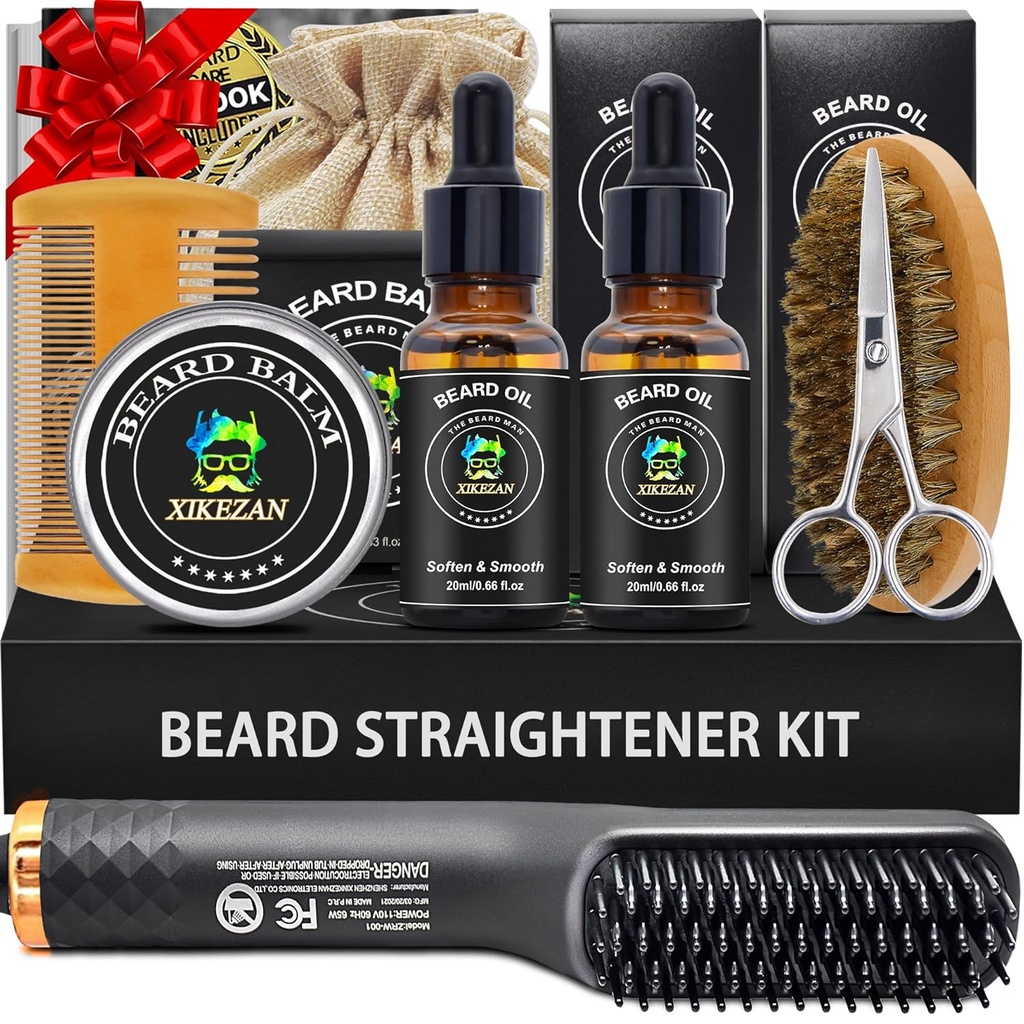 人のためのXIKEZANのひげ付きキット グルーミング&ストレートセット、w/Beardのストレートナー、2つのパック オイル、バーム、櫛、シザー、ブラシ、ヒムのお父さんの男性のボーイフレンドのクリスマスのストッファーのための誕生日のバレンタイン ギフト